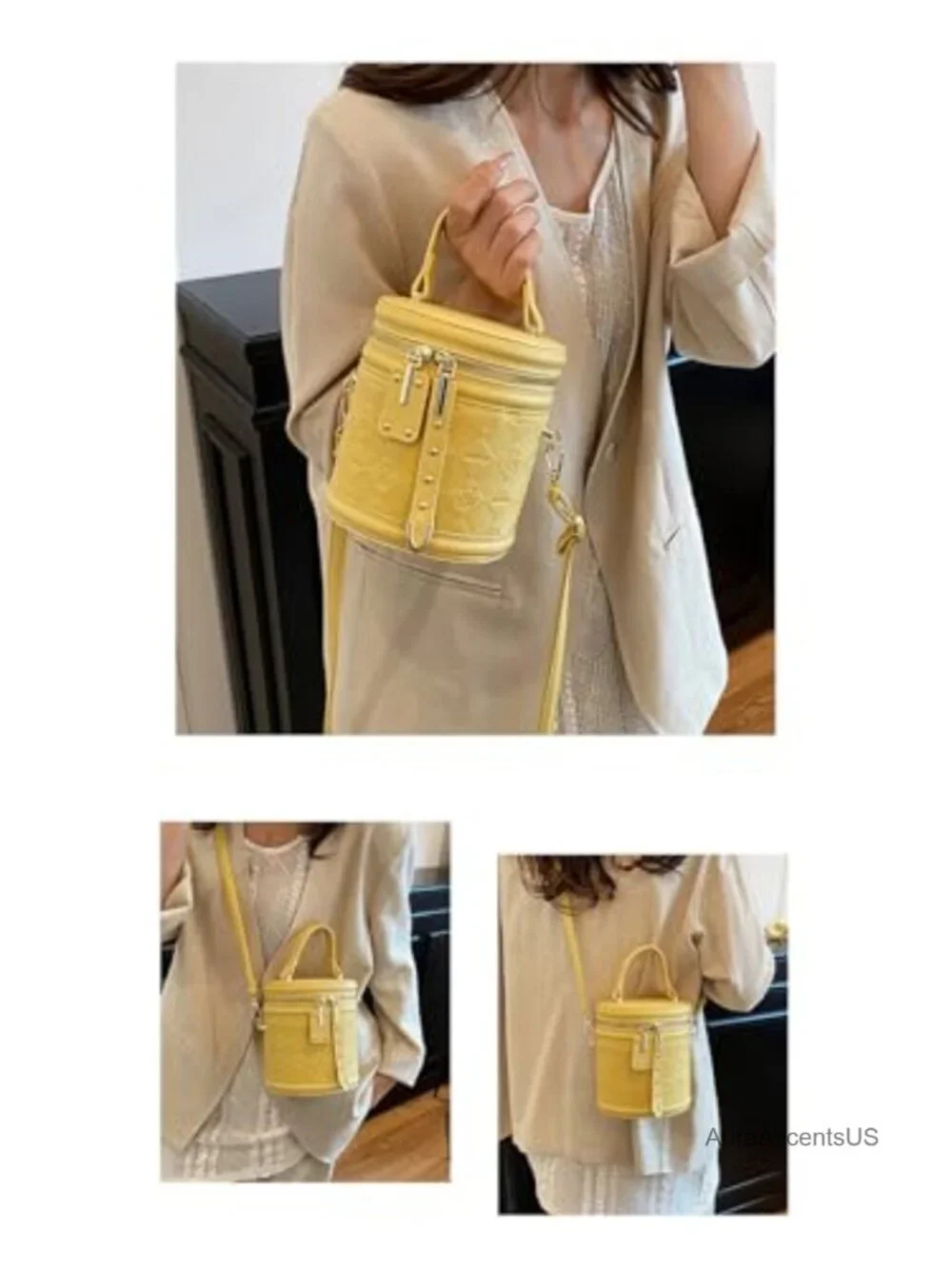 Mini Bucket Crossbody Bag Vegan Leather Quilted Cylinder Purse Handbag